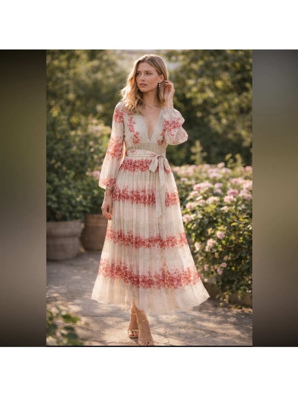 NWT RED Valentino Dreaming Peony Floral Muslin MIDI Dress in Neutrals Size 6